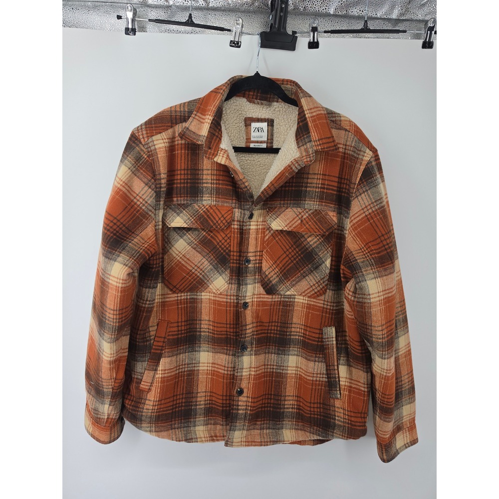 Zara Man Orange Plaid Faux Shearling Lined Flannel Shirt Jacket Relaxed Fit XL